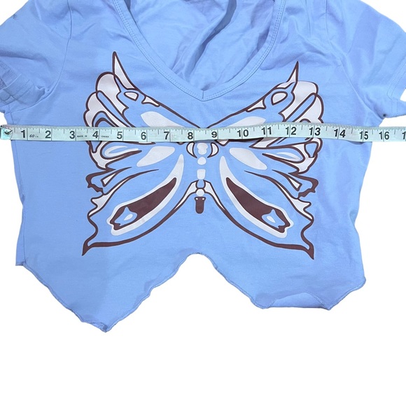 Lavender, Pink & Brown Butterfly Lettuce Hem Asymmetrical Short Sleeve Crop Top - Picture 7 of 8